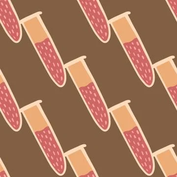 Seamless pattern with hand drawn chemical flask elements. Pink and orange col 스톡 일러스트