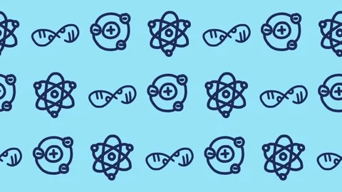 Seamless pattern of hand-drawn chemistry atoms, nuclear ions, and DNA strands Stockbeeldmateriaal 336678142