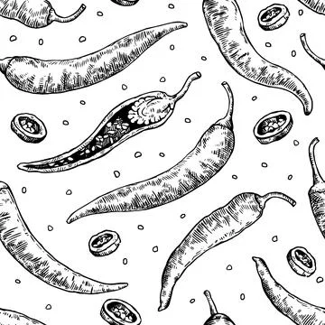 Seamless pattern with hand drawn chili peppers. Vector illustration in engr.. 스톡 일러스트