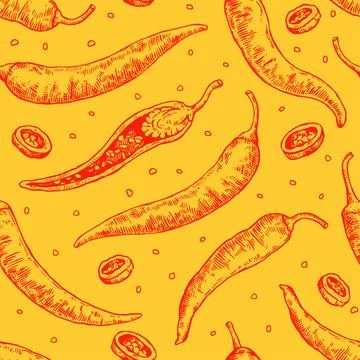 Seamless pattern with hand drawn chili peppers. Vector illustration in engr.. Illustration