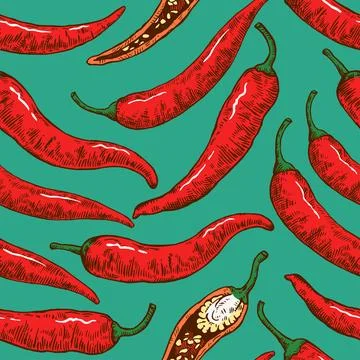 Seamless pattern with hand drawn chili peppers. Vector illustration in engr.. Stock Illustration