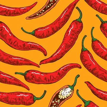 Seamless pattern with hand drawn chili peppers. Vector illustration in engr.. Illustrazione stock
