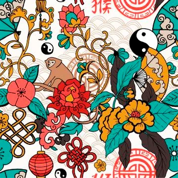 Seamless pattern, hand drawn china elements Stock Illustration