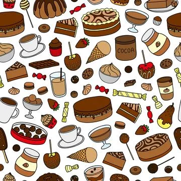 Seamless pattern with hand drawn chocolate desserts. Stock Illustration