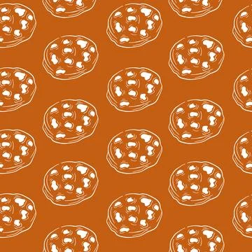 Seamless pattern with hand drawn chocolate chip cookie on a brown background Stock Illustration
