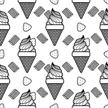 Seamless pattern hand drawn chocolate ice cream and strawberries Stock Illustration