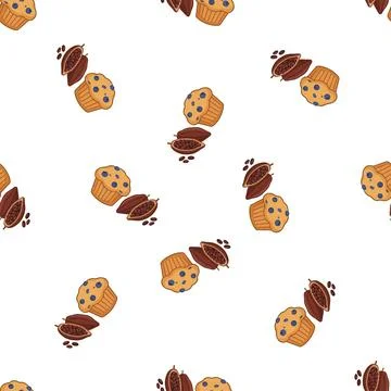 Seamless pattern with hand drawn chocolate muffins and cocoa beans on white.. Stockillustratie