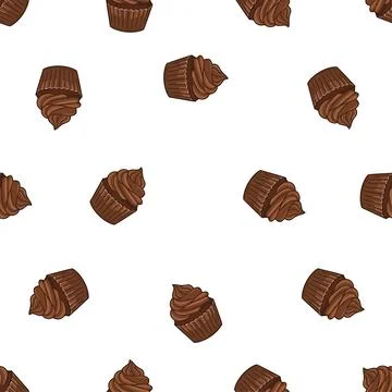 Seamless pattern with hand drawn chocolate cupcakes on white background. Stock Illustration