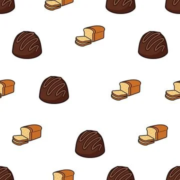 Seamless pattern with hand drawn chocolate truffles and sliced bread loaves. Stock-Illustration