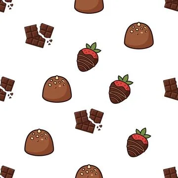 Seamless pattern with hand drawn chocolate truffles strawberries and chocol.. Stock Illustration