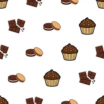 Seamless pattern with hand drawn chocolate cupcakes cookies and chocolate b.. Stock Illustration