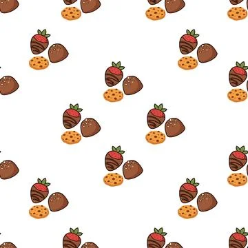 Seamless pattern with hand drawn chocolate covered strawberries and cookies.. Stock Illustration