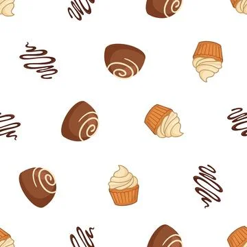 Seamless pattern with hand drawn chocolate truffles and cupcakes on white b.. Stock Illustration