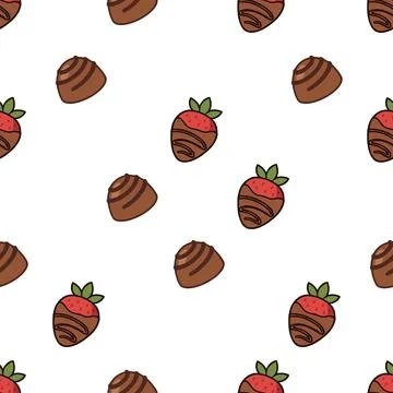 Seamless pattern with hand drawn chocolate covered strawberries and truffle.. Stock Illustration