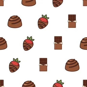 Seamless pattern with hand drawn chocolate covered strawberries and sweet b.. Stock Illustration