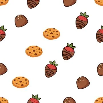Seamless pattern with hand drawn chocolate covered strawberries and cookies.. Stock Illustration