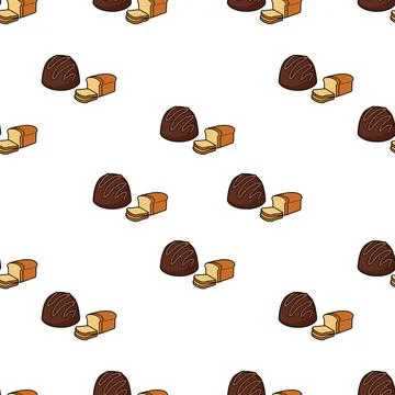 Seamless pattern with hand drawn chocolate truffles and sliced bread loaves. Stock-Illustration