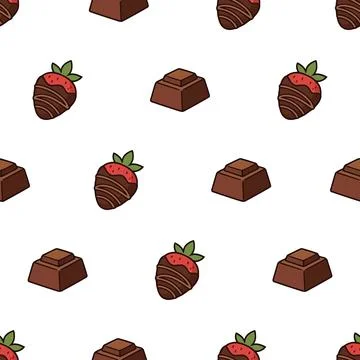 Seamless pattern with hand drawn chocolate covered strawberries and chocola.. Stock Illustration