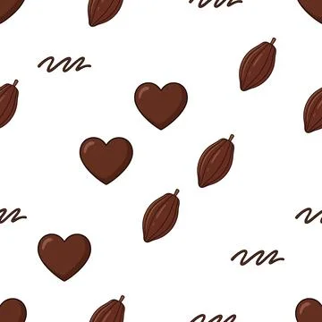 Seamless pattern with hand drawn chocolate hearts and cocoa beans for baker.. Stock Illustration