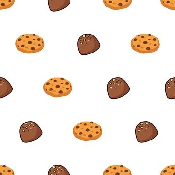 Seamless pattern with hand drawn chocolate chip cookies and truffles on whi.. Stock Illustration