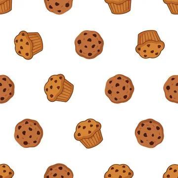Seamless pattern with hand drawn chocolate chip muffins on white background. Stock Illustration