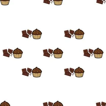 Seamless pattern with hand drawn chocolate muffins and brownie pieces on wh.. Stock Illustration