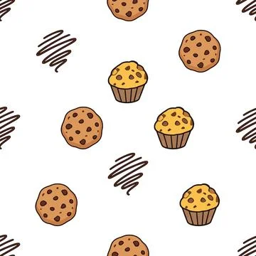 Seamless pattern with hand drawn chocolate chip cookies and muffins for bak.. Stock Illustration