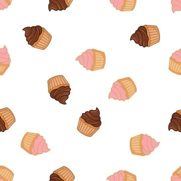 Seamless pattern with hand drawn chocolate and strawberry cupcakes on white.. Stock Illustration