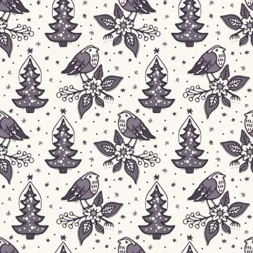 Seamless pattern. Hand drawn Christmas robin bird background. Frosty snowflake Stock Illustration