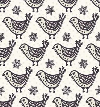 Seamless pattern. Hand drawn Christmas robin bird background. Frosty snowflakes Stock Illustration