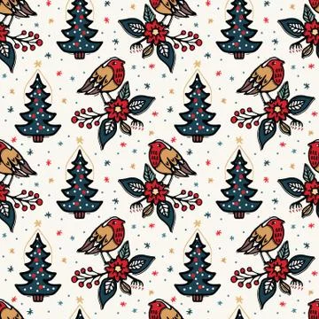 Seamless pattern. Hand drawn Christmas robin bird background. Frosty snowflake Stock Illustration