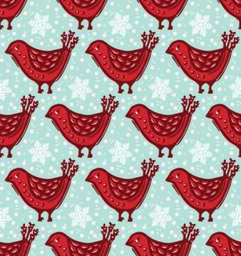 Seamless pattern. Hand drawn Christmas robin bird background. Frosty snowflakes Stock Illustration