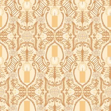 Seamless pattern. Hand drawn Christmas flower candle. Stylized holly leaf on Stock Illustration