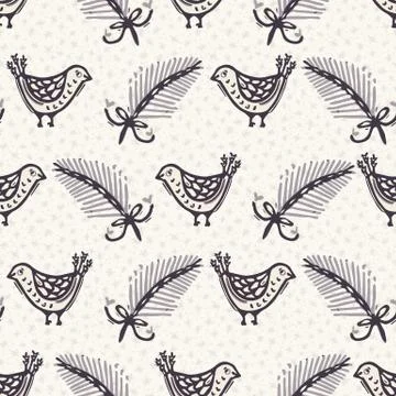 Seamless pattern. Hand drawn Christmas robin bird background. Frosty fir Stock Illustration