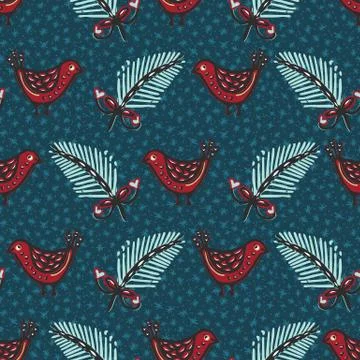 Seamless pattern. Hand drawn Christmas robin bird background. Frosty fir Stock Illustration