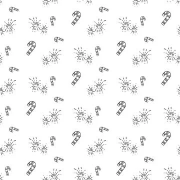 Seamless pattern hand drawn christmas candy and fireworks. Doodle black sketc Stock Illustration