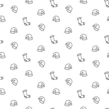 Seamless pattern hand drawn christmas hat, boot. Doodle black sketch. Sign sy Stock Illustration