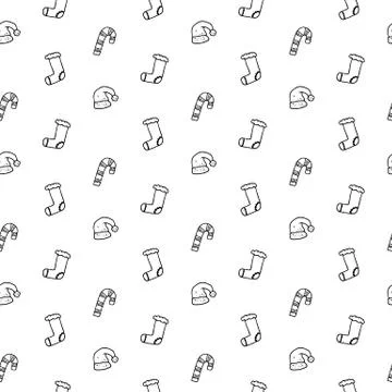 Seamless pattern hand drawn christmas hat, boot, candy. Doodle black sketch.  Illustrazione stock