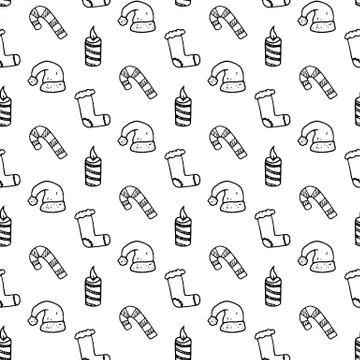 Seamless pattern hand drawn christmas hat, boot, candy, candle. Doodle black  Illustrazione stock
