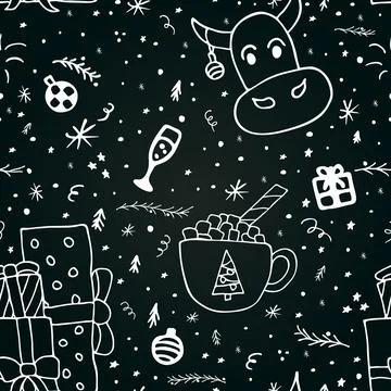 Seamless pattern with hand drawn christmas illustrations Stock Illustration