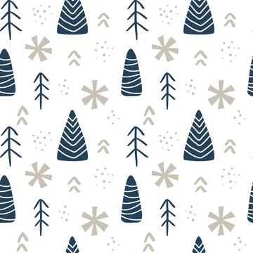 Seamless pattern of hand drawn Christmas tree. Baby Winter forest background Illustrazione stock