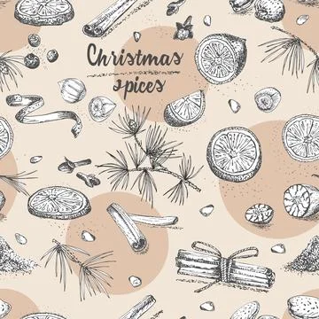 Seamless pattern with hand drawn Christmas winter spices Stock Illustration