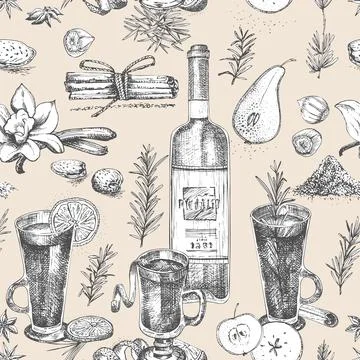 Seamless pattern with hand drawn Christmas winter spices Stock Illustration