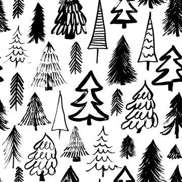 Seamless pattern with hand drawn Christmas trees. Stock Illustration