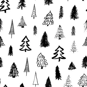Seamless pattern with hand drawn Christmas trees. Stock Illustration