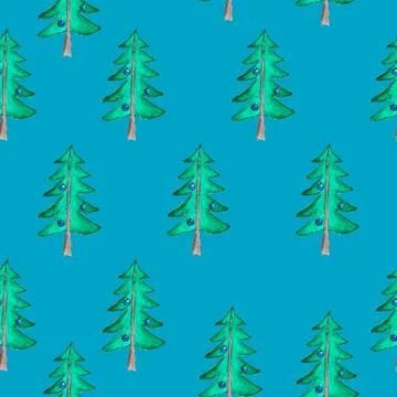 Seamless pattern of hand drawn christmas tree on blue background, watercolor Stock Illustration
