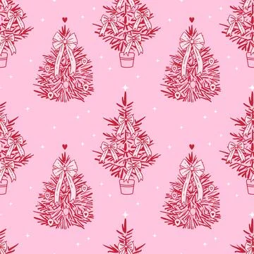 Seamless pattern with hand drawn Christmas trees decorated ribbons, bows Illustrazione stock