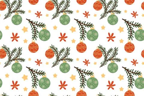 Seamless pattern. Hand-drawn Christmas tree baubles and a green fir branch. Stock Illustration