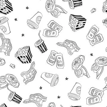 Seamless pattern with hand drawn cinema theme doodles, online cinema etc. Illustration