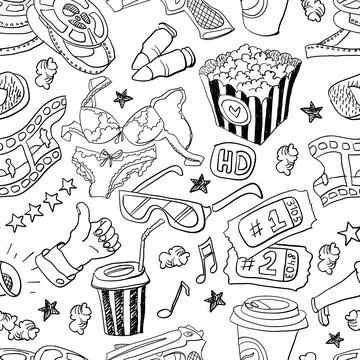 Seamless pattern with hand drawn cinema theme doodles, online cinema etc. 库存插图